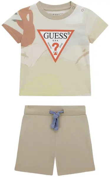Set de 2 piese Guess - Tricou cu pantaloni fără buzunare, bej, 12 luni