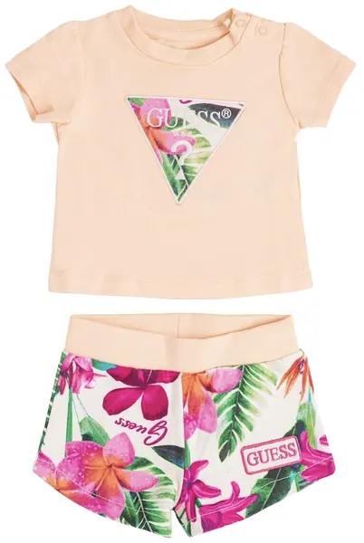 Set de 2 piese Guess - Tricou cu pantaloni scurți cu flori, portocaliu, 24 luni
