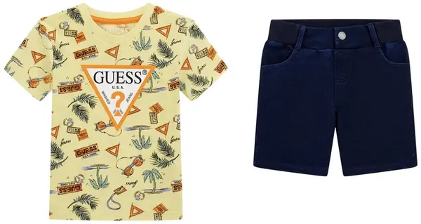 Set de 2 piese Guess - Tricou cu pantaloni scurți din denim, galben, 24 luni