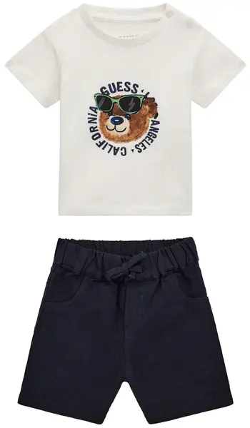 Set de 2 piese Guess - Tricou cu ursuleț maro și pantaloni, alb, 18 luni
