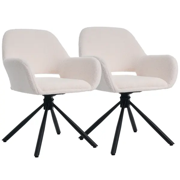 Set de 2 scaune de dining moderne, tapițate în sherpa, cu cotiere și funcție rotativă, Alb
