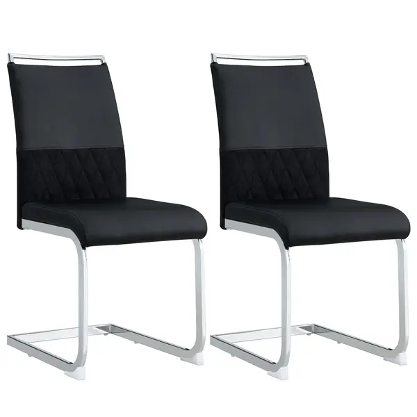 Set de 2 Scaune moderne pentru sufragerie, cu spătar înalt, din PU și material textil, pentru Bucătărie și birou, Negru