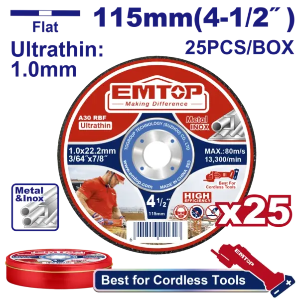 Set de 25 discuri ultrasubtiri de taiat metal, 115mm - EACD11011525, EMTOP