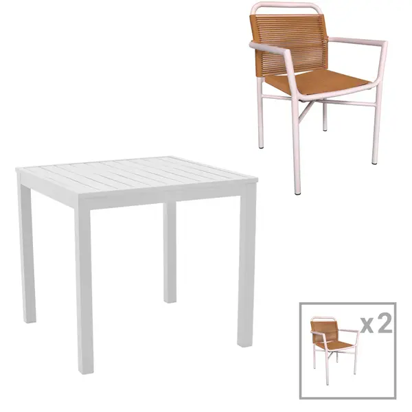 Set de 3 buc masa si scaune de gradina Kliton Clutch din aluminiu, alb, 80x80x74 cm