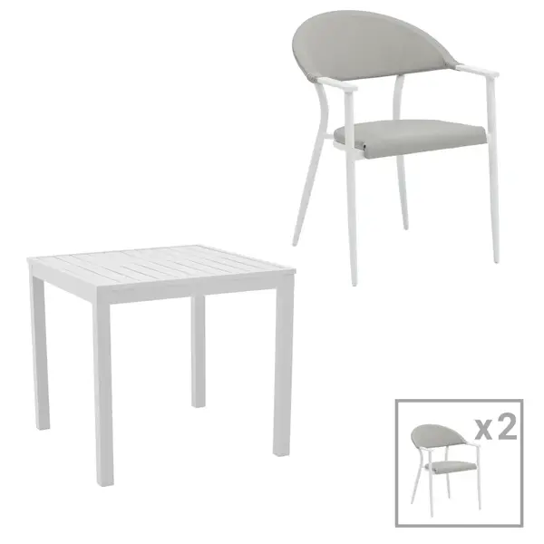 Set de 3 buc masa si scaune de gradina Kliton Pino din aluminiu, alb, 80x80x74 cm