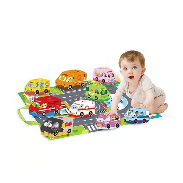 Set de 3 masinute textile pentru bebelusi cu covoras de joaca 46 27 cm