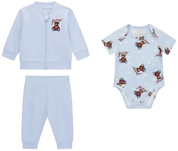 Set de 3 piese Guess - Body, hanorac și pantaloni, albastru deschis, 12 luni