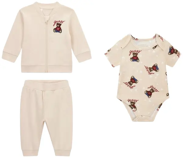 Set de 3 piese Guess - Body, hanorac și pantaloni cu ursuleți, bej, 3-6 luni