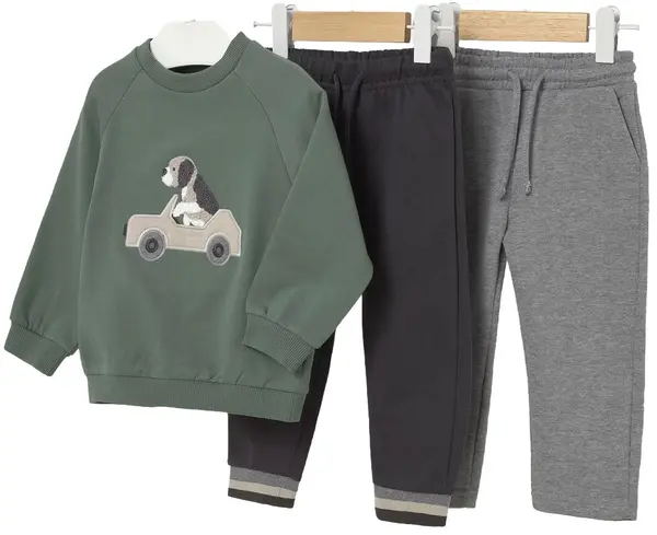Set de 3 piese Mayoral - Mașină,pulover și 2 pantaloni, verde, 3 ani