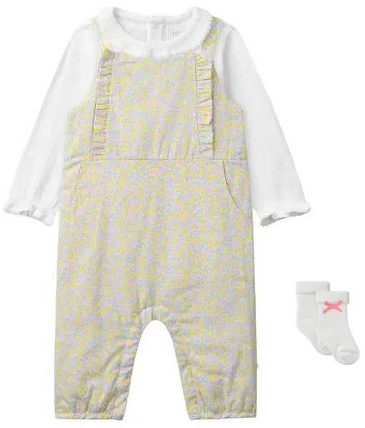 Set de 3 piese Sergent Major - cu imprimeu floral, salopetă, body și șosete, 3 luni
