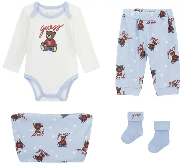Set de 4 piese Guess - Body, pantaloni, șosete și neceser, albastru, 3-6 luni