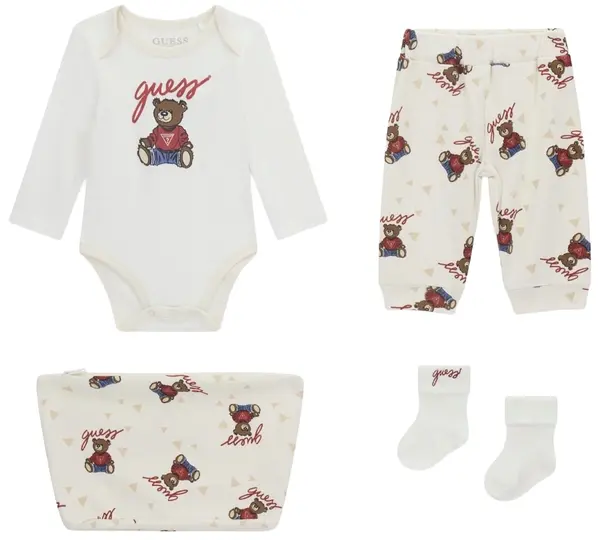 Set de 4 piese Guess - Body, pantaloni, șosete și neceser, bej, 3-6 luni