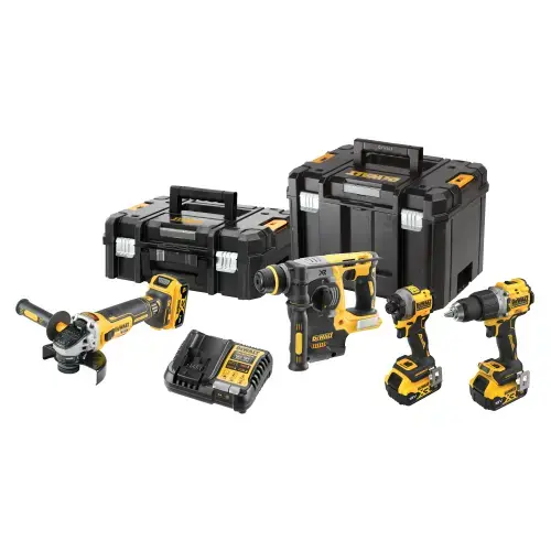 Set de 4 scule profesionale pe acumulator DeWALT DCK429P3T, 18V XR, include: masina de gaurit DCD805, masina de insurubat cu impact DCF850, polizor DCG405, ciocan rotopercutor DCH273, 3x acumulator 5 Ah, incarcator rapid, doua cutii transport TSTAK