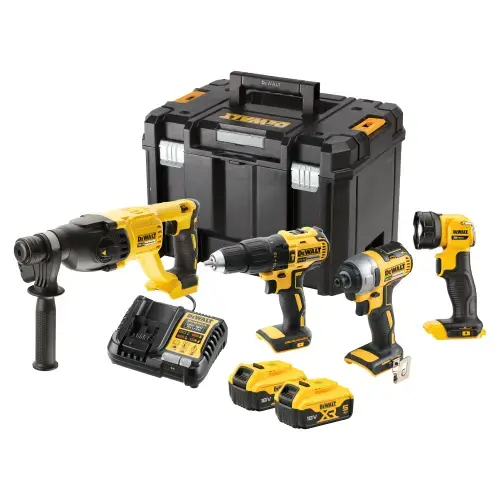 Set de 4 scule profesionale pe acumulator DeWALT DCK440P2T, 18V XR, include: masina de gaurit DCD778, masina de insurubat cu impact DCF787, ciocan rotopercutor DCH133, lanterna LED DCL040, 2x acumulator 5 Ah, incarcator rapid, cutie transport TSTAK