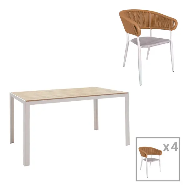 Set de 5 buc masa si scaune de gradina Nares-Raven aluminiu alb si placaj, Natural, 140x80x72 cm