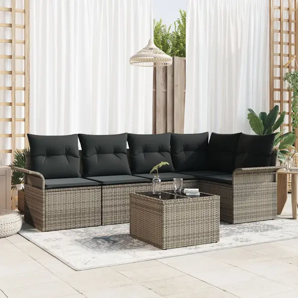 Set de 5 piese canapea de gradina cu perna neagra din ratan polimeric, canapea de gradina cu 2 locuri cu spatiu de depozitare & perne gri din ratan polimeric