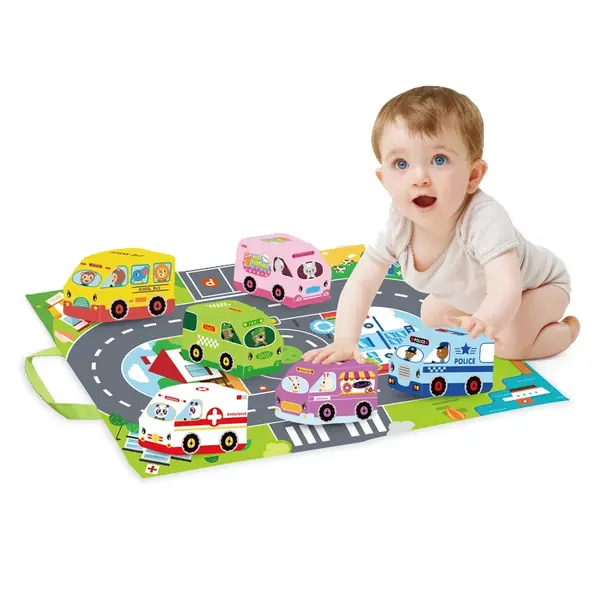 Set de 6 masinute textile pentru bebelusi cu covoras de joaca 31 25 cm