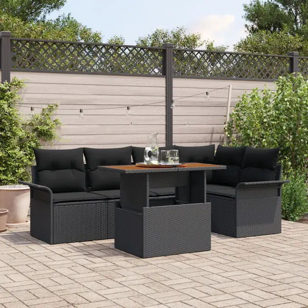 Set de 6 piese de sofa de gradina Gossi cu perne din poliratan negru, sofa de gradina Gossi pentru 2 persoane cu spatiu de stocare si perne din poliratan negru