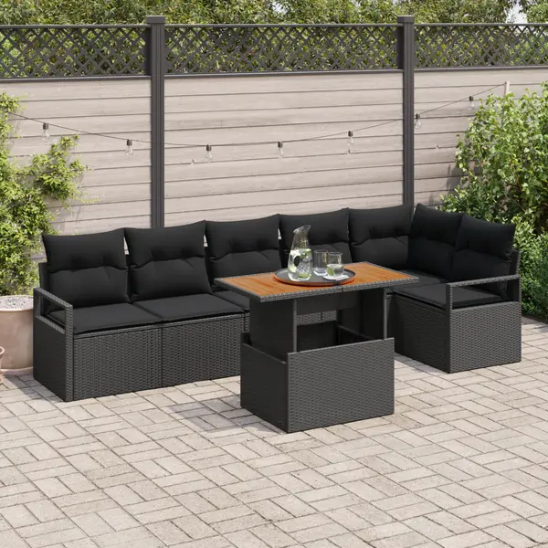 Set de 7 piese de sofa de gradina cu perne negru poliratan, sofa de gradina cu 2 locuri cu depozitare si perne negru poliratan