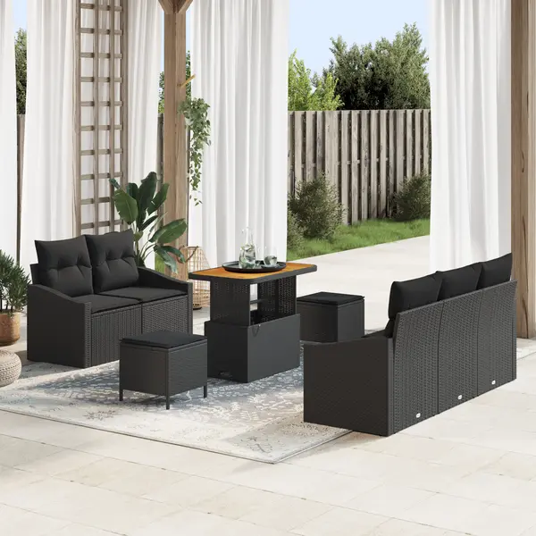 Set de 8 piese de sofa pentru gradina cu perne negru ratan poliesteric acacia, sofa de gradina cu 2 locuri si spatiu de depozitare & perne negru ratan poliesteric, set de dining pentru gradina cu 3 piese cu perne negru ratan poliesteric acacia
