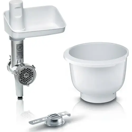 Set de accesorii pentru robotii de bucatarie MUM5 si MUM 4 Bosch MUZ5BS1, masina de tocat , bol de plastic, accesoriu 4 tipuri de patiserie (Alb)