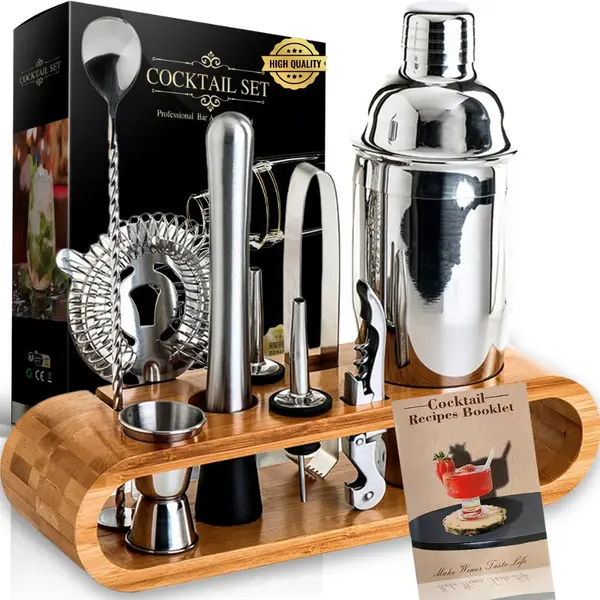 Set de Barman Profesional BIRAI® – 10 Piese | Cocktail Shaker 550ml, Oțel Inoxidabil, Suport Bambus, Accesorii Mixologie