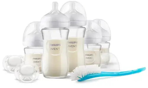 Set de biberoane de sticla Philips Avent Natural Response SCD879/11, 5 biberoane, 1 perie pentru biberon, 2 suzete ultra soft