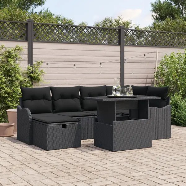 Set de canapea de gradina cu 7 piese cu perne ratan negru Gossi, canapea de gradina cu 2 locuri cu perne ratan negru Gossi