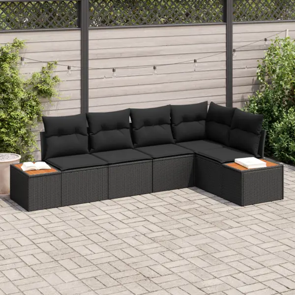 Set de canapea de gradina de 5 piese cu pernite, negru, ratan poli, acacia, canapea de gradina cu 2 locuri cu depozitare si pernite, negru, ratan poli
