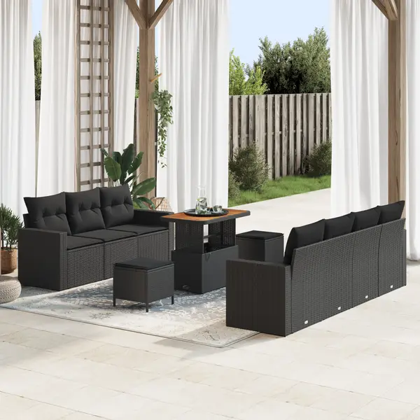 Set de canapea de gradina Gossi 10 piese cu perne negru poliratan acacia, set de mese de gradina Gossi 3 piese cu perne negru poliratan acacia