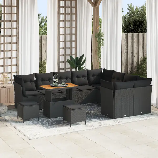 Set de canapea de gradina Gossi 12 piese cu perne ratan poliratan acacia negru, set de dining de gradina Gossi 3 piese cu perne ratan poliratan acacia negru