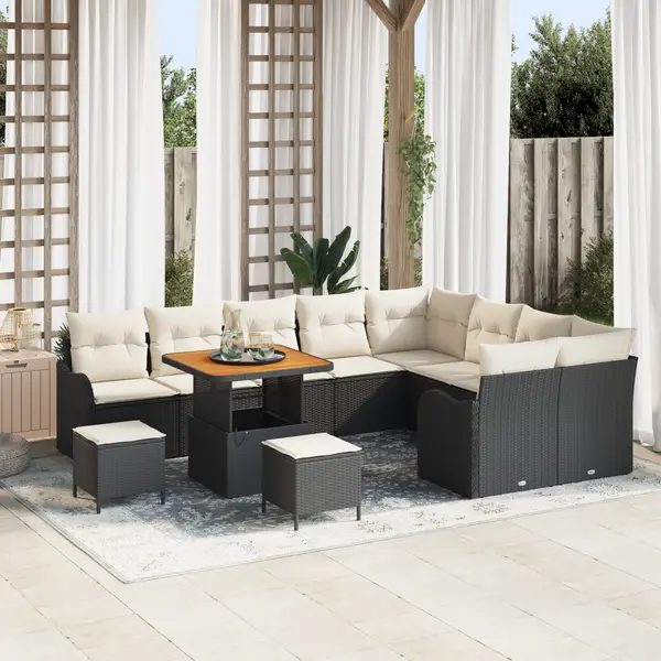 Set de canapea de gradina Gossi 12 piese cu perne ratan polimer negru acacia, canapea de gradina Gossi 2 locuri cu spatiu de depozitare si perne negru ratan polimer, set de masa pentru gradina Gossi 3 piese cu perne ratan polimer negru acacia