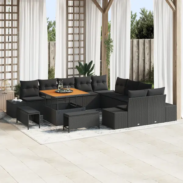 Set de canapea de gradina Gossi, 13 piese cu perne din ratan poli negru si acacia, canapea de gradina Gossi pentru 2 persoane cu perne din ratan poli negru, set de dining de gradina Gossi, 3 piese cu perne din ratan poli negru si acacia
