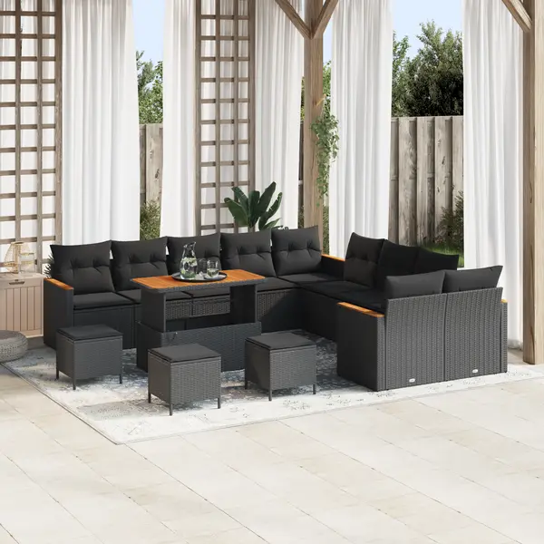 Set de canapea de gradina Gossi 14 piese cu pernute negru poliratan acacia, set de mese de gradina Gossi 4 piese cu pernute negru poliratan acacia