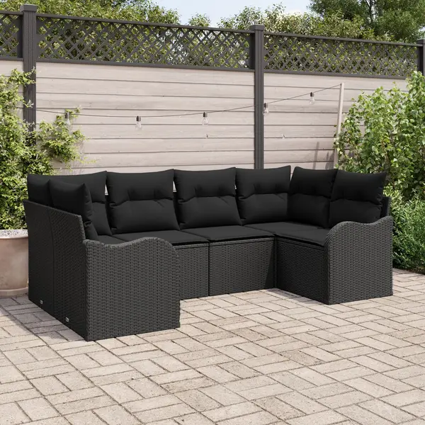 Set de canapea de gradina Gossi 6 piese cu perne negru ratan poli, canapea de gradina Gossi cu 2 locuri si perne negru ratan poli