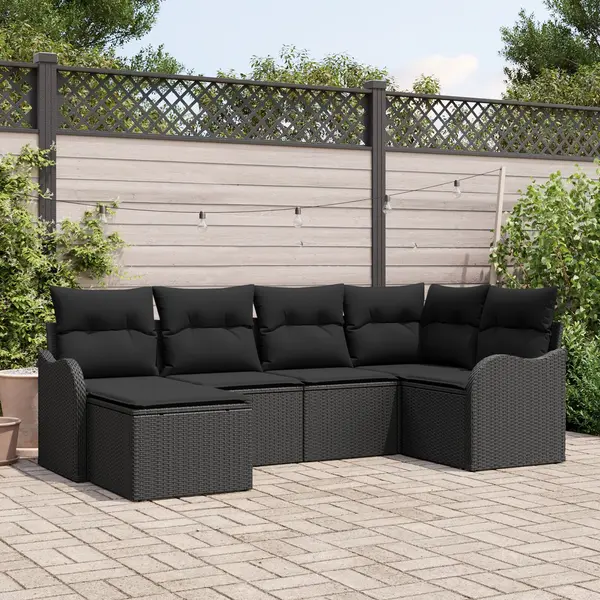 Set de canapea de gradina Gossi 6 piese cu perne ratan poliester negru, canapea de gradina Gossi 2 cai cu perne ratan poliester negru