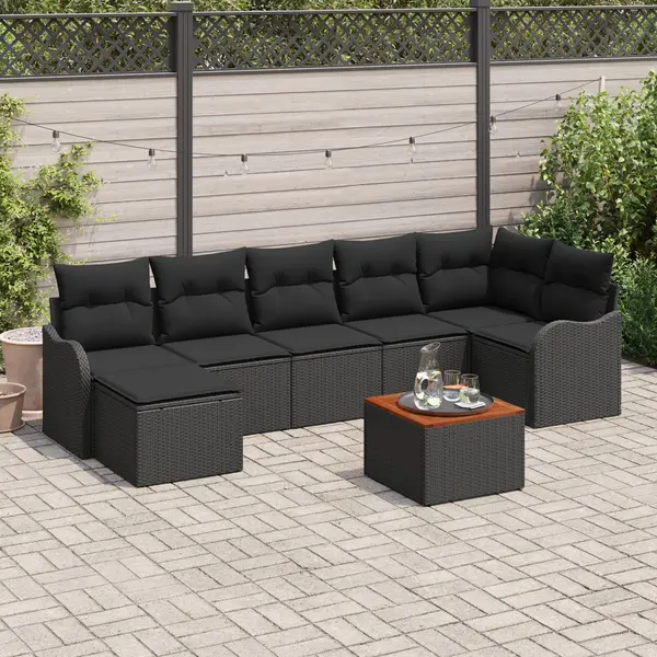 Set de canapea de gradina Gossi 8 piese cu perna negru poliratan acacia, sofa de gradina Gossi 2 persoane cu perna negru poliratan