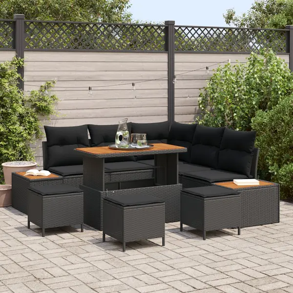 Set de canapea de gradina Gossi 8 piese cu perne negru poliratan acacia, set de dining de gradina Gossi 3 piese cu perne negru poliratan acacia