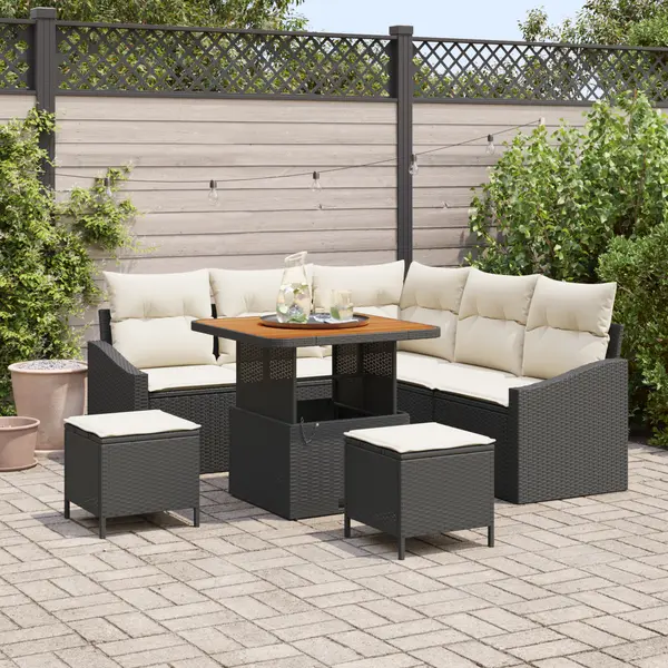 Set de canapea de gradina Gossi 8 piese cu perne negru poliratan acacia, canapea de gradina Gossi 2 locuri cu depozitare si perne negru poliratan, set de dineu pentru gradina Gossi 3 piese cu perne negru poliratan acacia