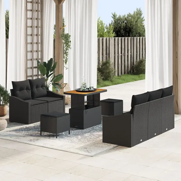 Set de canapea de gradina Gossi 8 piese cu perne negru poliratan acacia, canapea de gradina Gossi 2 locuri cu perne negru poliratan, set de dining de gradina 3 piese cu perne negru poliratan acacia