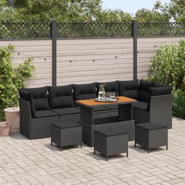 Set de canapea de gradina Gossi cu 10 piese cu perne negru ratan polimeric acacia, set de dining de gradina Gossi cu 4 piese cu perne negru ratan polimeric acacia