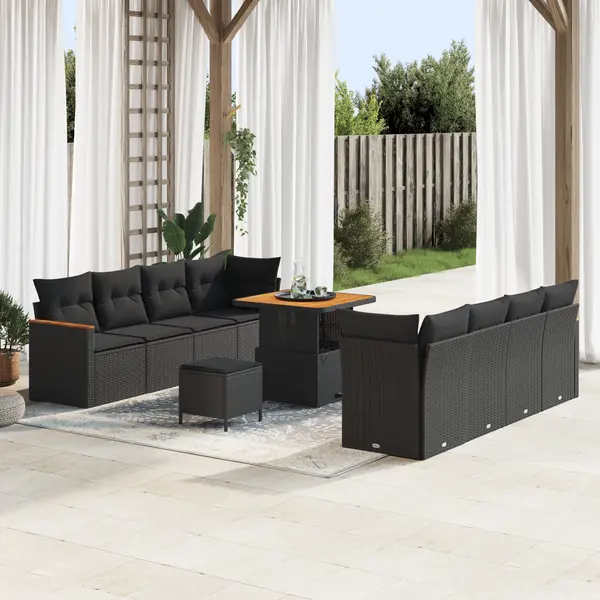 Set de canapea de gradina Gossi cu 11 piese cu perne negre din poliratan, set de dining de gradina Gossi cu 3 piese cu perne negre din poliratan