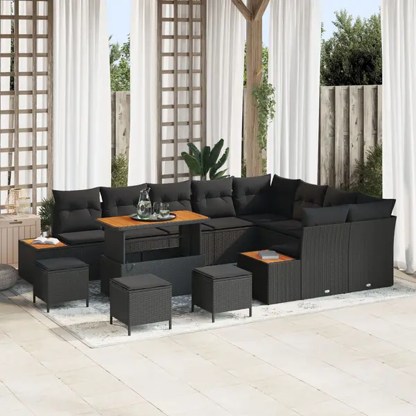 Set de canapea de gradina Gossi cu 12 piese si perne poliratan negru acacia, set de dining de gradina Gossi cu 3 piese si perne poliratan negru acacia