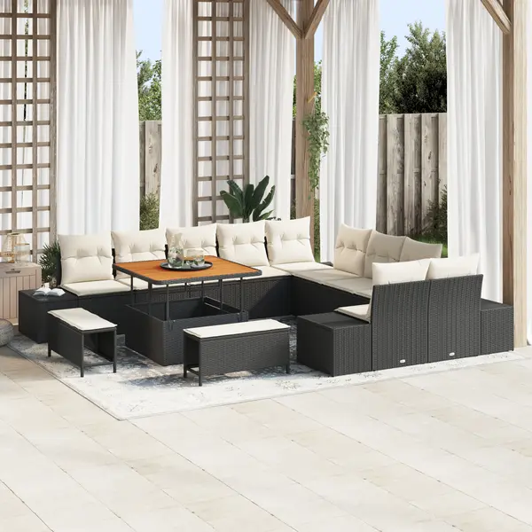 Set de canapea de gradina Gossi cu 13 piese si perne negru ratan poliester, canapea de gradina Gossi cu 2 locuri si perne negru ratan poliester, set de dining de gradina Gossi cu 3 piese si perne negru ratan poliester