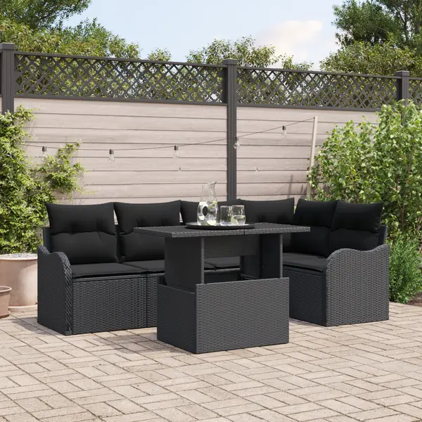 Set de canapea de gradina Gossi cu 6 piese si perne negru poliratan, canapea de gradina Gossi cu 2 locuri si storage & perne negru poliratan