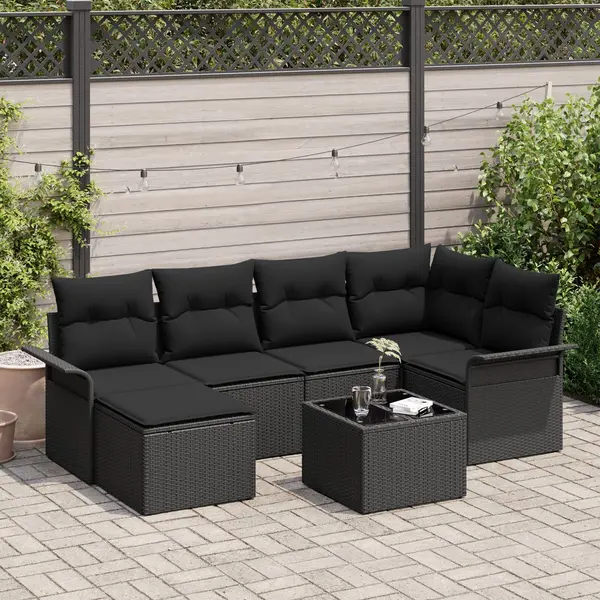 Set de canapea de gradina Gossi cu 7 piese si pernite bej poliratan, canapea de gradina Gossi pentru 2 persoane cu spatiu de stocare & pernite negre poliratan