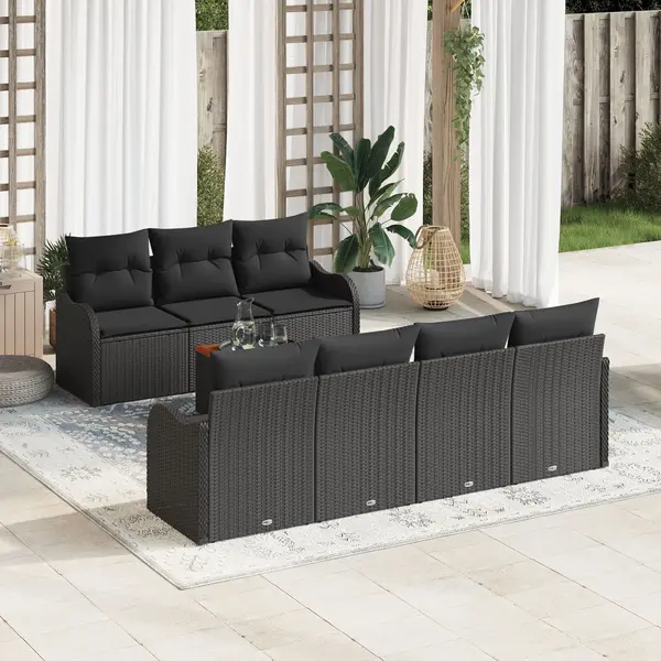 Set de canapea de gradina Gossi cu 8 piese cu perne negru poliratan acacia, canapea de gradina Gossi cu 2 locuri cu spatiu de depozitare si perne negru poliratan