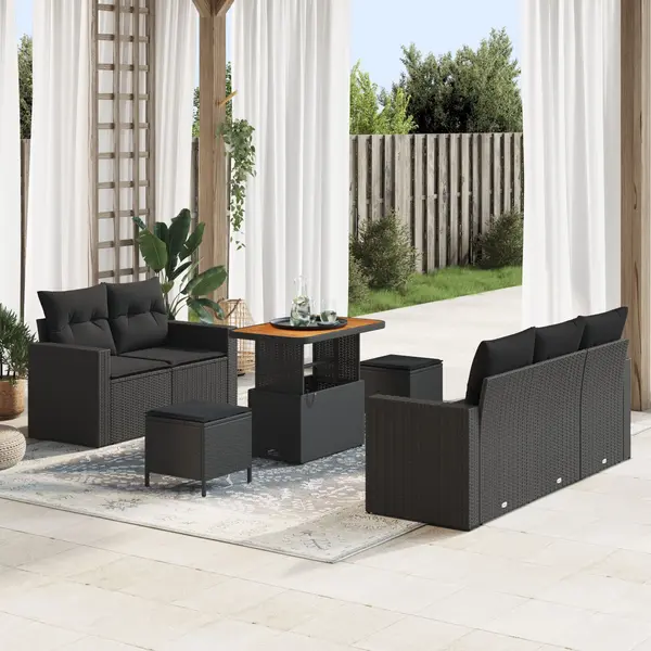 Set de canapea de gradina Gossi cu 8 piese cu pernite, ratan negru, acacia, set de dining cu 3 piese pentru gradina Gossi cu pernite, ratan negru, acacia