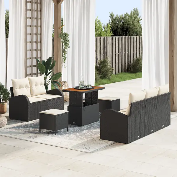 Set de canapea de gradina Gossi cu 8 piese si perne din ratan polimer negru, canapea de gradina cu 2 locuri Gossi cu perne din ratan polimer negru, set de mese de gradina cu 3 piese si perne din ratan polimer negru