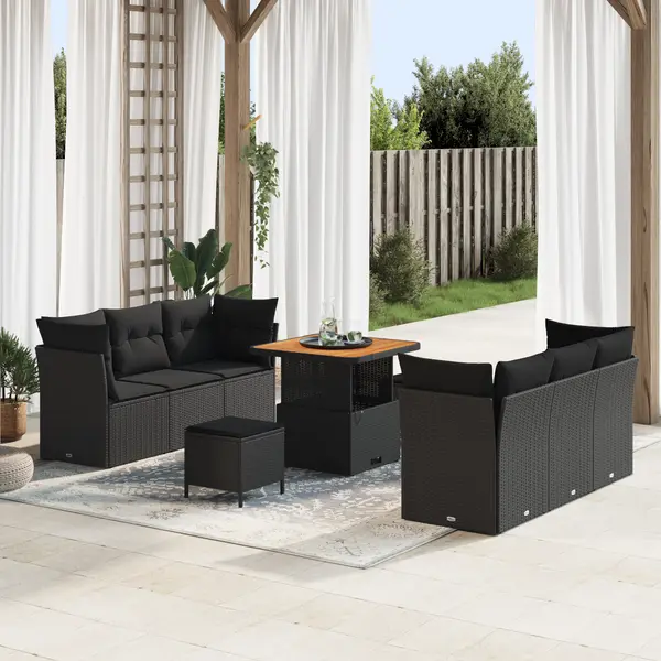Set de canapea de gradina Gossi cu 9 piese cu perne negre poliratan acacia, set de dining de gradina Gossi cu 3 piese cu perne negre poliratan acacia